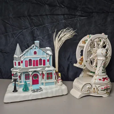 LOT 55B: Musical Ceramic Ferris Wheel & Holiday Lighted Fiber Optic Plastic House in Original boxes from Avon