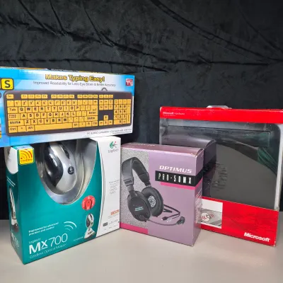 LOT 58B: Never Used-Optimus Pro50MX Headphones, Microsoft Cooling Base, Logitech Cordless Mouse, Large Print Keyboard