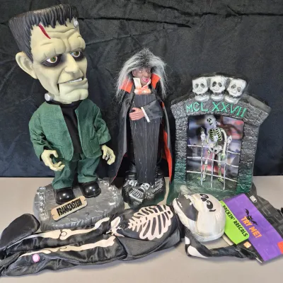 LOT 183B: Vintage Halloween Animated Characters-Gemmy Universal Studios Frankenstein, Gemmy Rockin Rascals Skeleton & More