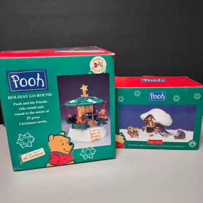 LOT 39B: Vintage Pooh Mr. Christmas Holiday Go Round & Ceramic Lighted Tigger's House with Figurines
