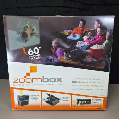LOT 56B: Tiger Electronics Zoombox Portable Projector DVD/CD Player with Apollo Portable Projection Screen with Tripod Metal Base