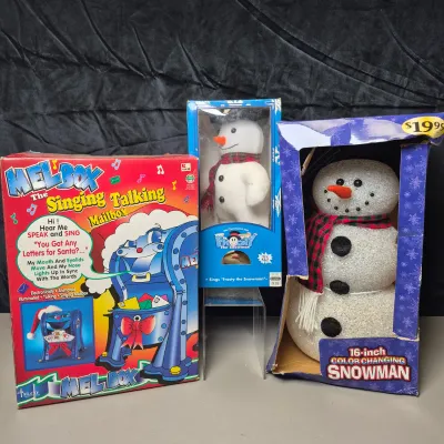 LOT 40B: Vintage Animated Holiday Decor- Mel Box Talking Mailbox, Singing Frosty the Snowman & Color Changing Snowman