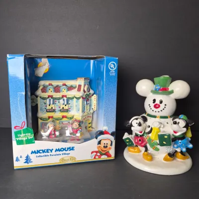 LOT 53B: Mickey Light-Up Porcelain Village (NIB) & Mickey Snowman Light-Up Figurine