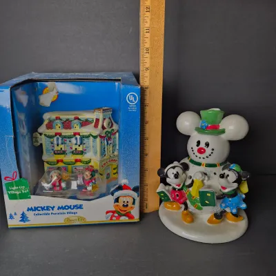 LOT 53B: Mickey Light-Up Porcelain Village (NIB) & Mickey Snowman Light-Up Figurine