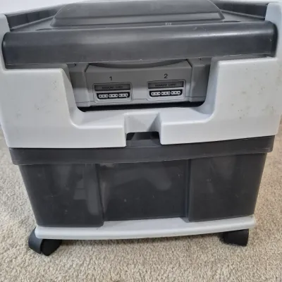 LOT 199Z: Sony Play Station Console, 4 Controllers, Memory Cards in Rolling Storage Cart
