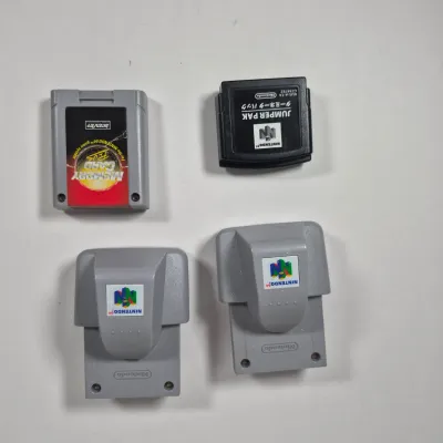 LOT 197Z: Nintendo 64 Console, Controllers, Rumble Packs, Memory Cards in Rolling Storage Cart