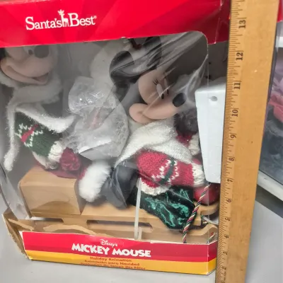 LOT 43B: Disney Animated Snowglobe (NIB), Mickey & Minnie Sleigh Ride Animation & Golfer Mickey Animated Decor