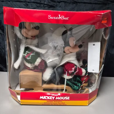 LOT 43B: Disney Animated Snowglobe (NIB), Mickey & Minnie Sleigh Ride Animation & Golfer Mickey Animated Decor