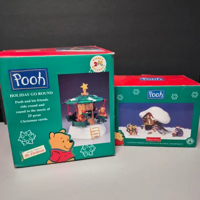 LOT 39B: Vintage Pooh Mr. Christmas Holiday Go Round & Ceramic Lighted Tigger's House with Figurines