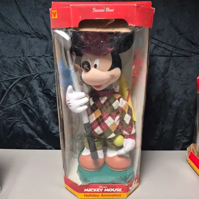 LOT 43B: Disney Animated Snowglobe (NIB), Mickey & Minnie Sleigh Ride Animation & Golfer Mickey Animated Decor