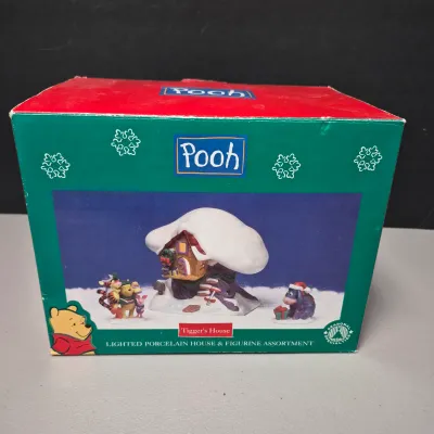 LOT 39B: Vintage Pooh Mr. Christmas Holiday Go Round & Ceramic Lighted Tigger's House with Figurines