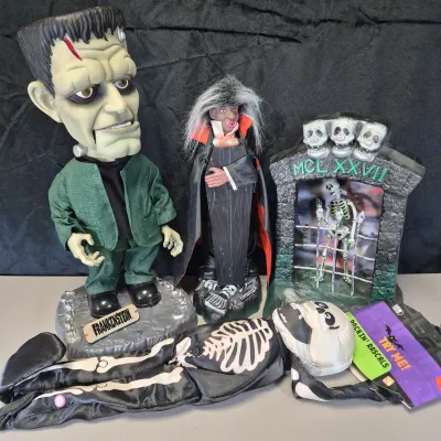 LOT 183B: Vintage Halloween Animated Characters-Gemmy Universal Studios Frankenstein, Gemmy Rockin Rascals Skeleton & More
