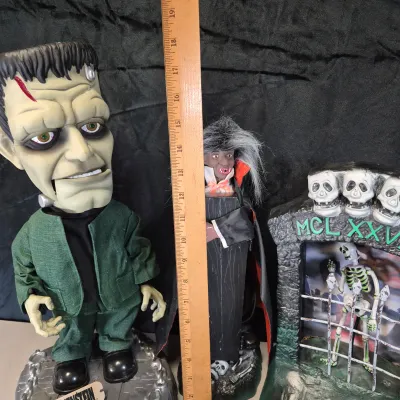 LOT 183B: Vintage Halloween Animated Characters-Gemmy Universal Studios Frankenstein, Gemmy Rockin Rascals Skeleton & More