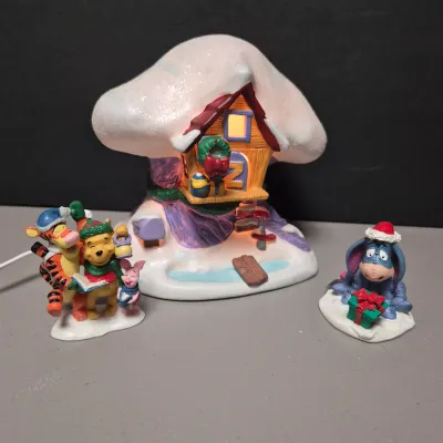 LOT 39B: Vintage Pooh Mr. Christmas Holiday Go Round & Ceramic Lighted Tigger's House with Figurines