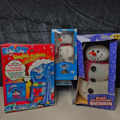 LOT 40B: Vintage Animated Holiday Decor- Mel Box Talking Mailbox, Singing Frosty the Snowman & Color Changing Snowman