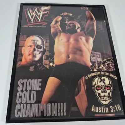 LOT 192Z: Stone Cold & The Rock Autographed Plaques, 1999 WWF WrestleMania T-Shirt & More
