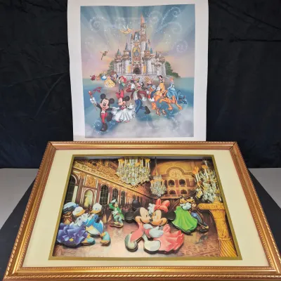 LOT 30B: Mickey and Friends Ballroom 3D Shadowbox Art & "Happiest Celebration on Earth" Special Edition Print with COA