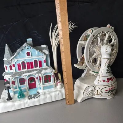 LOT 55B: Musical Ceramic Ferris Wheel & Holiday Lighted Fiber Optic Plastic House in Original boxes from Avon
