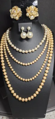 Sale Photo Thumbnail #111: PEARLS OMGosh ~ 4 Freshwater Pearl Necklaces & 2 pair Earrings  [6 PC.]
> All are tested freshwater with unique closures
> sizes : 8" / 14" / 2 @ 16"
> Unusual Clasps:  2 are marked Sterling / 2 have Cabochon settings with snap in closure
> Earrings are F