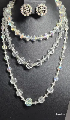 Sale Photo Thumbnail #98: Set 3 Vintage Rhinestone Necklaces & Rhinestone Earrings 
> Necklaces are all different styles: 6" / 9" / 10"
> all have three different clasps
> round earrings are 1/2" d...clip backs