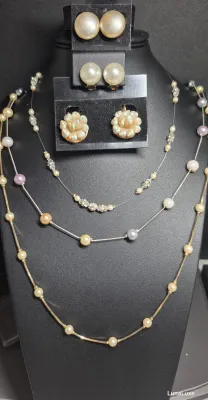 Sale Photo Thumbnail #108: Set 3 Vintage Pearl w/silver-tone spacers & 3 Pair Earring to coordinate [6 PCs]
> necklaces are 8" / 14" / 16".....all unique and excellent
> 3 pair of clip on earrings with pearls to coord.
