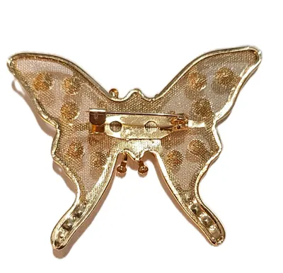 **NEW ARRIVAL** Thin Metal Jeweled Gold Colored "MESH SCREEN" BUTTERFLY BROOCH (2" x 1¼") with Clear Accents Stones...