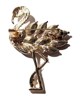 **NEW ARRIVAL** Standing FLAMINGO BROOCH (2" x 1½") with Pink, Magenta & Clear Stone Body, Gold Colored Legs and Jeweled...