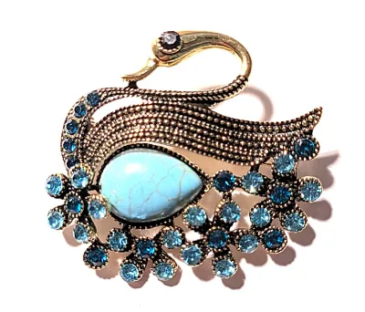 **NEW ARRIVAL** Beautiful Jeweled Crackled Teardrop TURQUISE SWAN BROOCH (1¾" x 1¾") with 2 Shades of Blue Stones, Black Eyes...