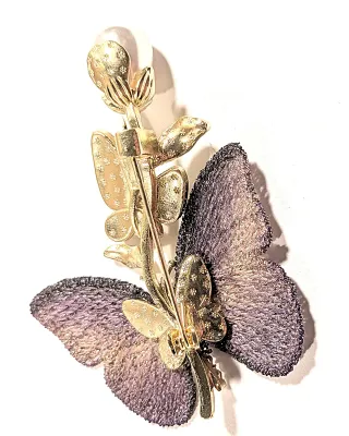 **NEW ARRIVAL** PURPLE "SOFT WING" BUTTERFLY BROOCH (2½" x 2") with Cloth Wings, Large Faux Pearl. Black Stones Leaf...