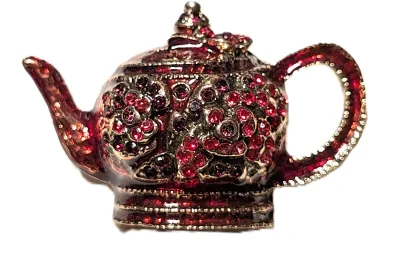 **NEW ARRIVAL** Enameled RED TEAPOT BROOCH (2 " x 1¼") with Red and Black Accent Stones on a Gold Tone Setting