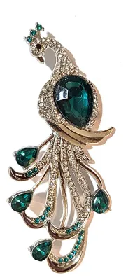 **NEW ARRIVAL** Large GREEN STONE PEACOCK BROOCH (3½" x 1¼") with Clear + Green Accent Stones, Black Eye on a Silver Tone Setting