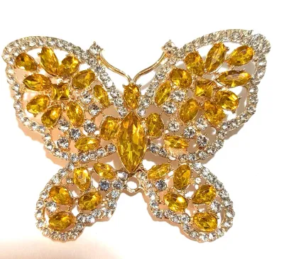 **NEW ARRIVAL** Jeweled VERY AMBER COLORED STONES BUTTERFLY BROOCH (2½" x 2") with Clear Stone Edging on a Gold Tone Setting