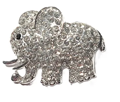 **NEW ARRIVAL** "BIG EARS" Jeweled ELEPHANT BROOCH (2" x 1¼") with Clear Stones Body and Black Eye on a Silver Tone...