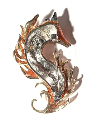**NEW ARRIVAL** Large Enameled Jeweled ORANGE-ish FOX BROOCH 3" x 2") in a White Stones Flower Spray on a Gold Tone Setting