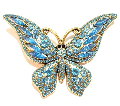 **NEW ARRIVAL** Jeweled BLUE STONES BUTTERFLY BROOCH (2¾" x 1¾") with Black Eyes + Gold Colored THICK "Feelers" and...