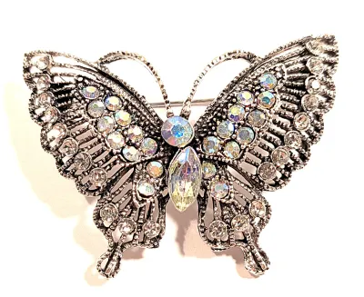 **NEW ARRIVAL** Medium Size IRIDESCENT JEWELED BUTTERFLY BROOCH (2" x 1½") with Shades of Iridescent Stones and Silver Colored...