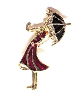 **NEW ARRIVAL** Petite "LADY IN RED WITH UMBRELLA" BROOCH (1¾" x 1") with Enameled Dress and Jeweled Umbrella on a...