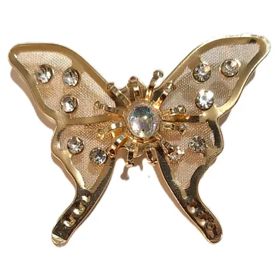 **NEW ARRIVAL** Thin Metal Jeweled Gold Colored "MESH SCREEN" BUTTERFLY BROOCH (2" x 1¼") with Clear Accents Stones...