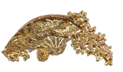 **NEW ARRIVAL** Jeweled MULTICOLOR FAN-STYLE BROOCH (3" x 1½") with Single Faux Pearl Accent on a Gold Tone Setting