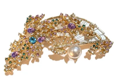 **NEW ARRIVAL** Jeweled MULTICOLOR FAN-STYLE BROOCH (3" x 1½") with Single Faux Pearl Accent on a Gold Tone Setting