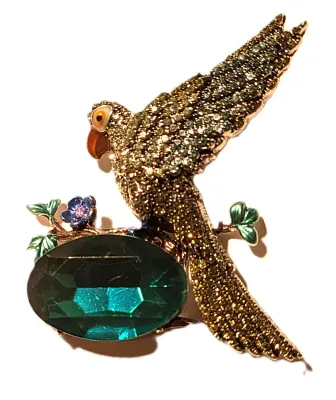 **NEW ARRIVAL** Bejeweled GREEN STONE PARROT BROOCH (3" x 2¼") with Large Oval Beveled Green Stone and Enameled Flowers on a...