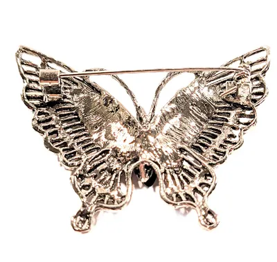 **NEW ARRIVAL** Medium Size BLACK JEWELED BUTTERFLY BROOCH (2" x 1½") with Rows of Black Stones and Silver Colored Wings on a...