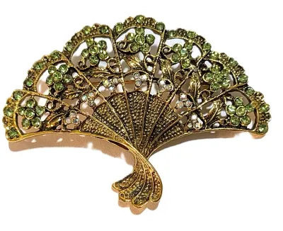 **NEW ARRIVAL** Beautiful GREEN Chinese-Style FAN BROOCH (2½" x 1¾") with Green Stones and Dimpled Accent Frame on a Gold Tone...