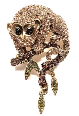 **NEW ARRIVAL** Large Jeweled MONKEY BROOCH (3¾" x 2") with Amber, Green and Red Body Stones, Black Eyes + Green Leaf DANGLES...