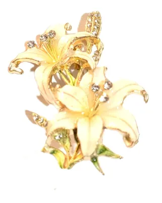 **NEW ARRIVAL** Bejeweled Enameled WHITE FLOWERS SPRAY BROOCH (2" x 1½") with 2 Flowers, Green Jeweled Stem and Clear Stone...