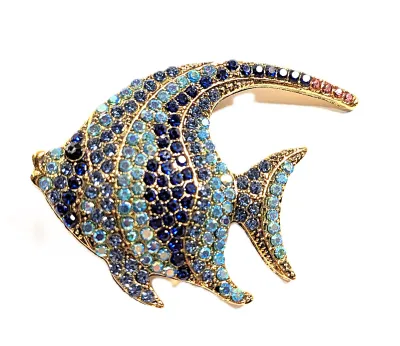 **NEW ARRIVAL** Very BLUE ANGELFISH BROOCH (2" x 1¾") with Rows of Blue Shades, Black Eye and a Blue Fin Tip on a Gold Tone...