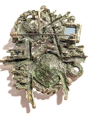 **NEW ARRIVAL** Fun ECLECTIC VARIETY BROOCH (2¾" x 2¼") with Blue + Multicolored Stones & Enamel Pieces on a Silver Tone...