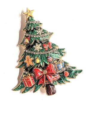 **NEW ARRIVAL** Ceramic GREEN HOLIDAY TREE" BROOCH (2½" x 2") with Bows, Gifts, Toys, Tinsel, Ornaments and Gold Colored...