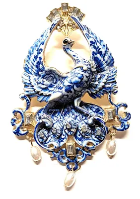 **NEW ARRIVAL** Large Ceramic BLUE & WHITE "BLUE PEACOCK' BROOCH (3" x 2¼") with Pearl-Style Dangles + Small...