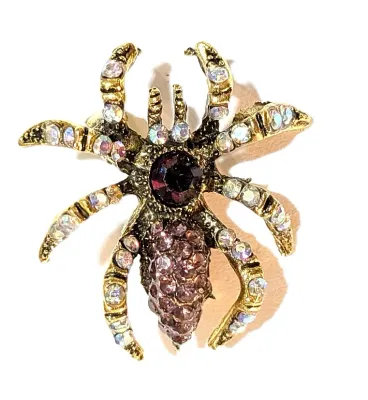**NEW ARRIVAL** Jeweled PURPLE & IRIDESCENT STONES SPIDER BROOCH (1¼" x 1¼") with Purple Body on a "Brass" Tone...